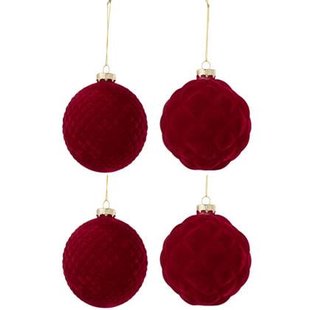 J-Line kerstbal - fluweel - rood - large - doos van 4 stuks