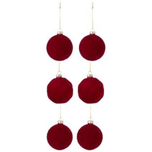 J-Line kerstbal 2+2+2 - fluweel - rood - small - doos van 6