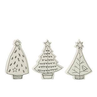 J-Line decoratie Kerstboom dolomite - keramiek - wit|zwart - 3 stuks
