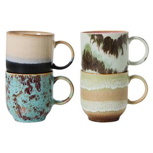HKliving 70&#039;s Ceramic Koffiekop Met Oor Set Van 4 Abstract