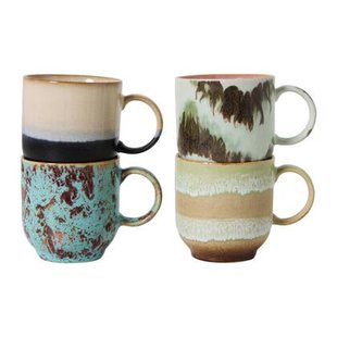 HKliving 70&apos;s Ceramics Koffiekop 0,25 L - Set van 4 - Abstract