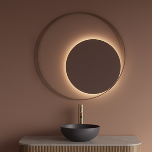 Spiegel Gliss Design Kosmos Mat Goud Rond met Frame en Indirecte LED Verlichting 100 cm