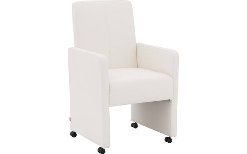 Goossens Eetkamerstoel Rivas wit kunstleer met armleuning en met wielen, modern design