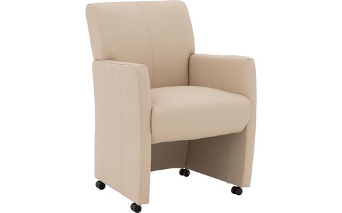 Goossens Eetkamerstoel Alex wit leer met armleuning en met wielen, stijlvol landelijk