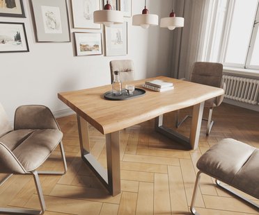 DELIFE Eettafel Edge 140x90 XL acacia natuur roestvrijstaal breed Live-Edge