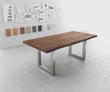 DELIFE Eettafel Edge 200x100 XL acacia bruin roestvrijstaal breed Live-Edge