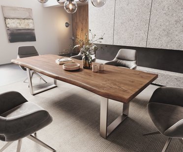 DELIFE Eettafel Edge 260x100 XL acacia bruin roestvrijstaal smal Live-Edge