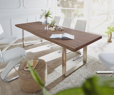 DELIFE Eettafel Edge 300x100 XL acacia bruin roestvrijstaal smal Live-Edge