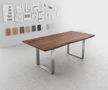 DELIFE Eettafel Edge 200x100 acacia bruin roestvrijstaal smal Live-Edge