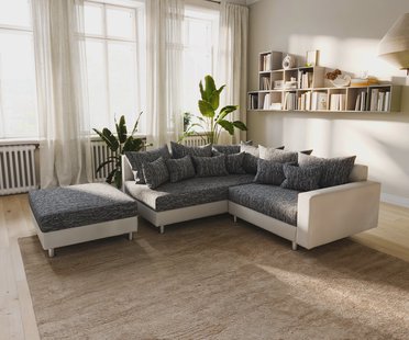 DELIFE Hoekbank Clovis wit zwart met armleuning en hocker ottomane links