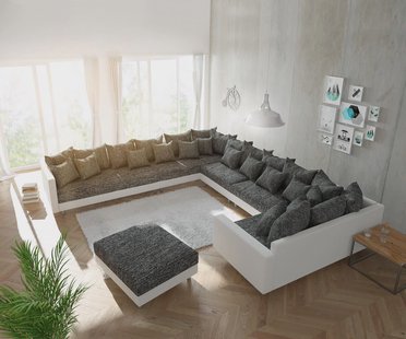 DELIFE Woonlandschap Clovis XXL wit zwart met hocker en armsteun ottomane Links