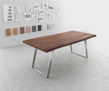 DELIFE Eettafel Edge 200x100 XL acacia bruin roestvrijstaal schuin Live-Edge