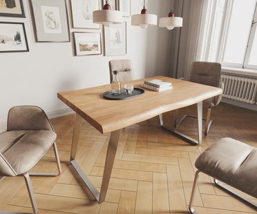 DELIFE Eettafel Edge 140x90 XL acacia natuur roestvrijstaal schuin Live-Edge