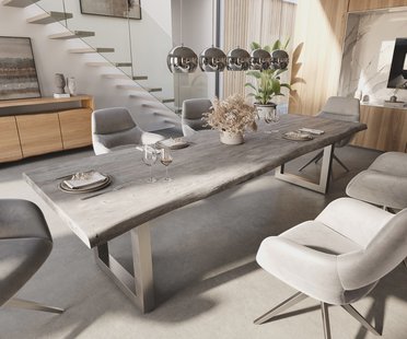 DELIFE Eettafel Edge 300x100 XL acacia platina roestvrijstaal breed Live-Edge