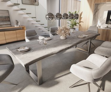 DELIFE Eettafel Edge 300x100 XL acacia platina roestvrijstaal smal Live-Edge