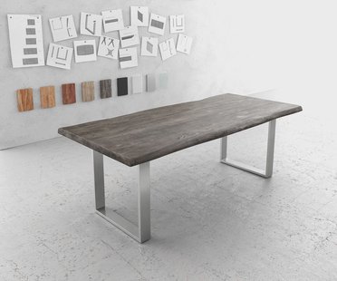 DELIFE Eettafel Edge 220x100cm XL acacia platina roestvrijstaal smal Live-Edge