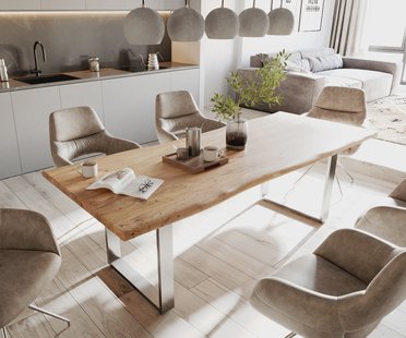 DELIFE Eettafel Edge 240x100cm acacia natuur roestvrijstaal smal Live-Edge