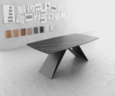 DELIFE Eettafel Edge Bootsform 200x100cm Laminam® keramiek bruin V-middenpoot zwart