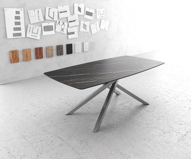 DELIFE Eettafel Edge Bootsform 200x100cm Laminam® keramiek bruin middenpoot kruis zilver