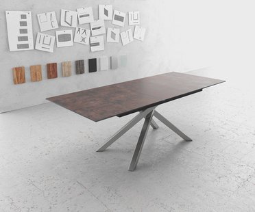 DELIFE Eettafel Edge 180-220x90cm verre antiek-bruin middenpoot kruis zilver