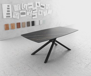 DELIFE Eettafel Edge Bootsform 200x100cm Laminam® keramiek bruin middenpoot kruis zwart