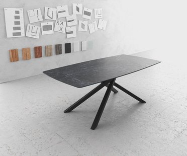 DELIFE Eettafel Edge Bootsform 200x100cm Laminam® keramiek grijs middenpoot kruis zwart