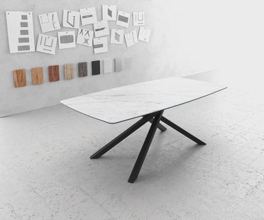 DELIFE Eettafel Edge Bootsform 200x100cm Laminam® keramiek wit middenpoot kruis zwart