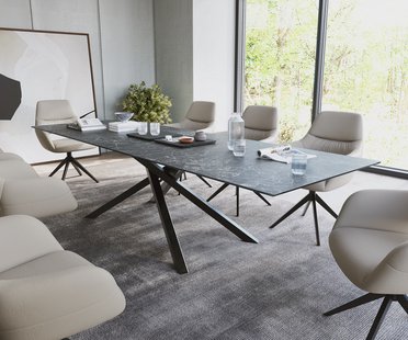 DELIFE Eettafel Edge 300x100cm Laminam® keramiek grijs middenpoot kruis zwart