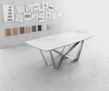 DELIFE Eettafel Edge Bootsform 200x100cm Laminam® keramiek wit middenpoot vlak staal zilver