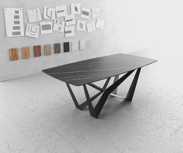 DELIFE Eettafel Edge Bootsform 200x100cm Laminam® keramiek bruin middenpoot vlak staal zwart