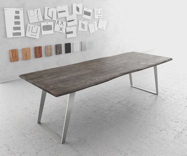 DELIFE Eettafel Edge 260x100cm acacia platina roestvrijstaal zilver schuin Live-Edge