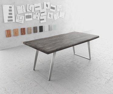 DELIFE Eettafel Edge 200x100cm XL acacia platina roestvrijstaal zilver schuin Live-Edge