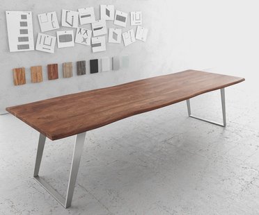 DELIFE Eettafel Edge 300x100cm acacia bruin roestvrijstaal zilver schuin Live-Edge