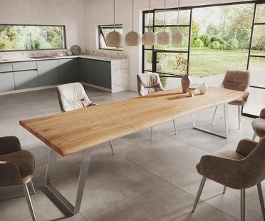 DELIFE Eettafel Edge 300x100cm acacia natuur roestvrijstaal zilver schuin Live-Edge