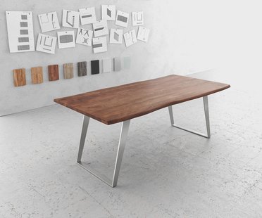 DELIFE Eettafel Edge 200x100cm acacia bruin roestvrijstaal zilver schuin Live-Edge