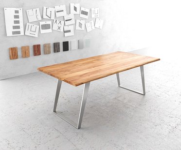 DELIFE Eettafel Edge 200x100cm acacia natuur roestvrijstaal zilver schuin Live-Edge