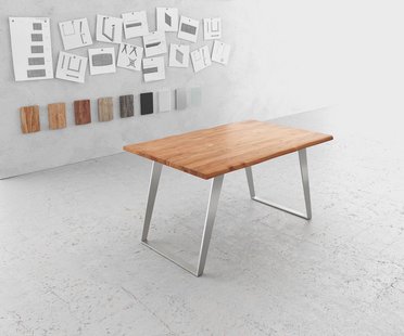 DELIFE Eettafel Edge 140x90cm acacia natuur roestvrijstaal zilver schuin Live-Edge