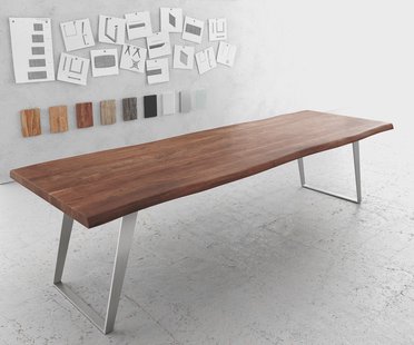DELIFE Eettafel Edge 300x100cm XL acacia bruin roestvrijstaal zilver schuin Live-Edge