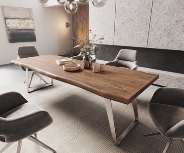 DELIFE Eettafel Edge 260x100cm XL acacia bruin roestvrijstaal zilver schuin Live-Edge
