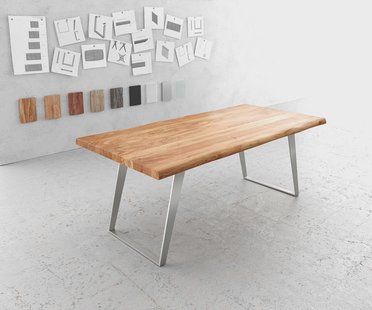 DELIFE Eettafel Edge 200x100cm XL acacia natuur roestvrijstaal zilver schuin Live-Edge