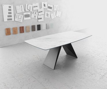 DELIFE Eettafel Edge Bootsform 200x100cm Laminam® keramiek wit V-middenpoot zwart