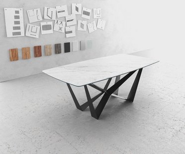 DELIFE Eettafel Edge Bootsform 200x100cm Laminam® keramiek wit middenpoot vlak staal zwart