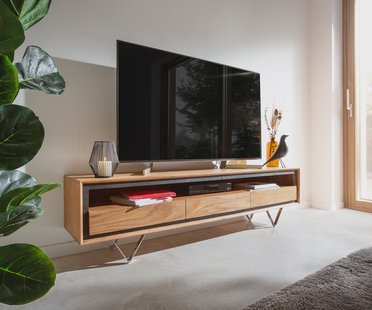DELIFE Tv-meubel Stonegrace 175 cm acacia natuur 1 legplank 3 laden steenfineer V-poot