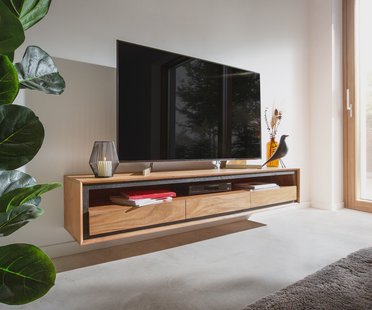 DELIFE Tv-meubel Stonegrace 175 cm acacia natuur 1 legplank 3 laden steenfineer zwevend