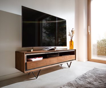 DELIFE Tv-meubel Stonegrace 145 cm acacia bruin steenfineer 2 laden 1 legplank V-poot zwart