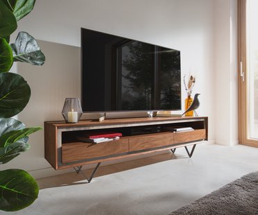 DELIFE Tv-meubel Stonegrace 175 cm acacia bruin steenfineer 3 laden 1 legplank V-poot zwart