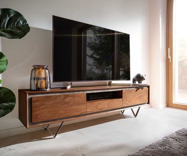 DELIFE Tv-meubel Stonegrace 175 cm acacia bruin steenfineer 2 deuren 1 lade 1 legplank V-poot zwart