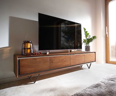 DELIFE Tv-meubel Stonegrace 200 cm acacia bruin steenfineer 4 deuren V-poot zwart