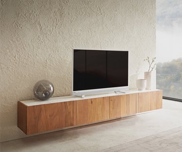 DELIFE TV-meubel Secara 220 cm acacia natuur 4 deuren marmer zwevend