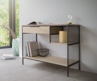 DELIFE Consoletafel Liborio 110x40 cm Mango White Wash metaal zwart 1 Lade